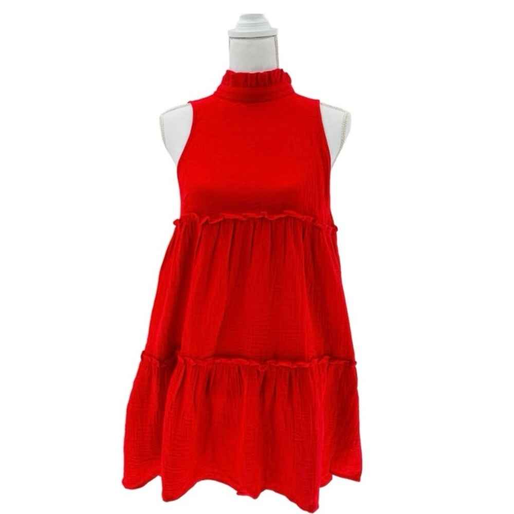 Pomander Place | NEW Red Lightweight Gauze Morgan Mock Neck Mini Dress Size S